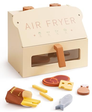 ROBUD Cucina per bambini, friggitrice ad aria calda, in legno per bambini, accessorio da cucina con mezzi di gioco, forno giocattolo realistico, regalo per bambini a partire dai 3 anni, per ragazze e