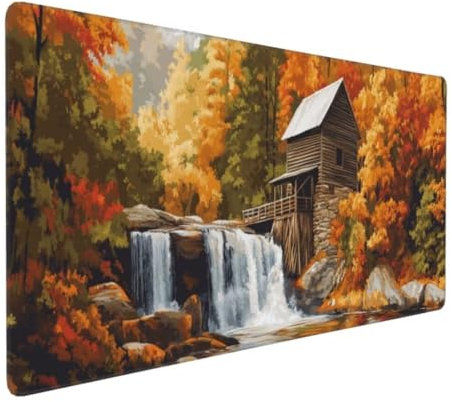 Wasserfall Wald Mauspad,Large XXL Mouse Pad 900x500x3mm Tastatur Matte,Groß Vernähte Kanten WassXerdicht Anti-Rutsch Mauspad,Erweiterter Schreibtisch Schutz Mauspad für Geschenk Weiblich Office k-323
