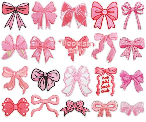 URROMA Pink Bow Iron On Patches, 20Pcs Embroidered Iron on/Sew on Patches Cute Bowknot Sew on Repair Embroidered Applique Girly Aesthetic DIY Craft