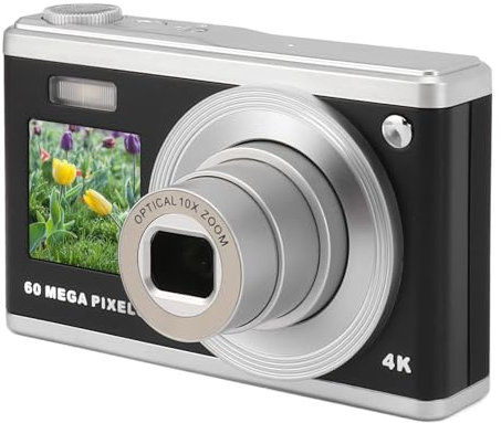 Camera Digitale 60MP, Automatic Light Sensibile 10x Ottico Zoom Anti Shake Portable Compact per Focus a Doppio Schermo 4K Ultra HD Focus a Doppio Schermo (BLACK)
