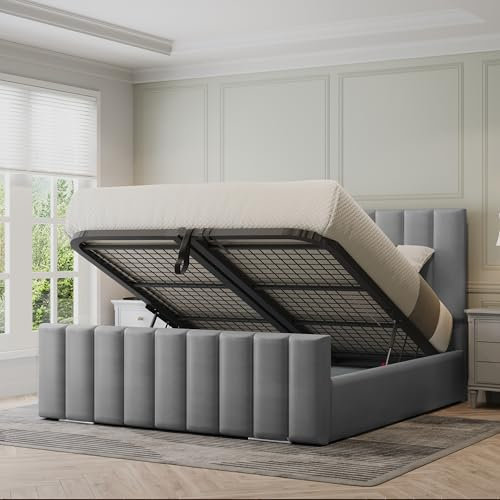 Furnishion Wingback Panel King Size Bed Frame with Storage - Grey Velvet Ottoman Bed King Size - Panel Storage Bed and Mattress Included - 48inch High Headboard