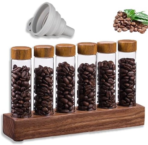 HXXWEUS Kaffeebohnen Behälter, Glas Kaffeedosen mit Holzständer, 6 Röhrchen Kaffeebohnenbehälter, Versiegelte Röhren zur Aufbewahrung von Kaffeebohnen, Aufbewahrung Röhrchen Set für Espresso Bohnen
