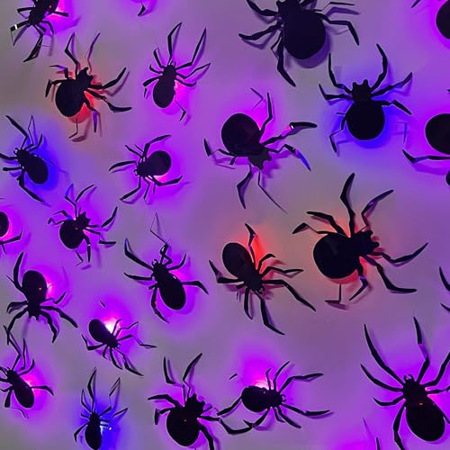 24 Stück LED Halloween Spinne Deko Gruselig,3D Leuchtende Spinne 3 Größen Realistische PVC Wandaufkleber,Bunt LED Halloween Horror Dekoration Spinnen für DIY