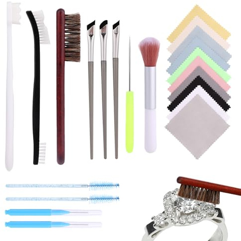 Sinbana 14pcs Jewelry Cleaning Kit, 5 Brush 1 Awl Needle 8 Polishing Cloth Cleaner Brush Tool Set for Jewelry Ring Gold Silver Quick Dusting or Deep Cleaning
