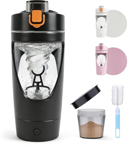 Shaker Electrique, 650ML Shaker Proteine avec Compartiment, Anti-Fuite | Shaker Électrique pour Poudre de Protéine, en Tritan Rechargeable USB-C, Base Amovible, Sans BPA (Noir)