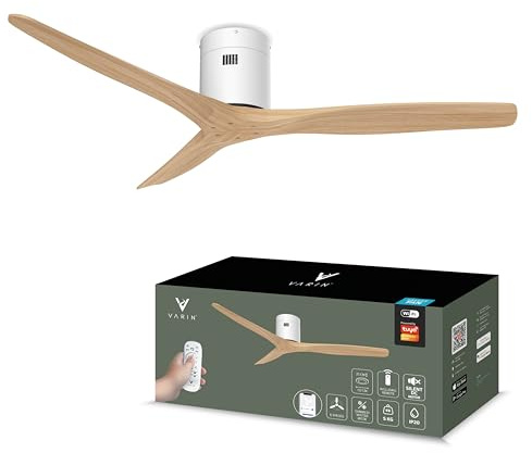 Varin® Smart Deckenventilator, Tuya WLAN, Lange Flügel, 6 Geschwindigkeiten, Ventilator Leise 20 dB, Deckenventilator mit Fernbedienung und App, Ø 132 cm, Weiß-Helles Holz