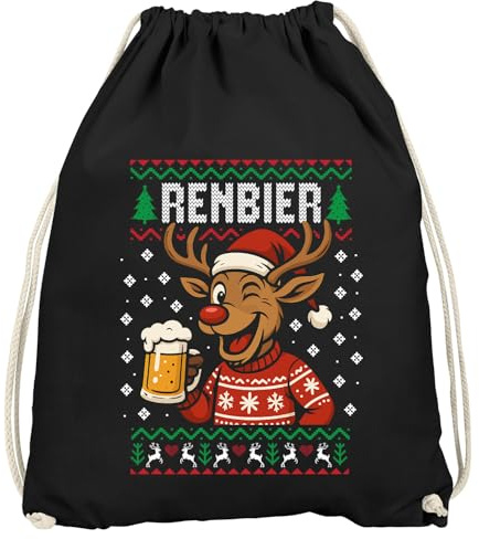 MoonWorks® Turnbeutel Ugly XMAS Bier Design Spruch lustig Renbier Gymbag Weihnachtsbeutel Schwarz unisize