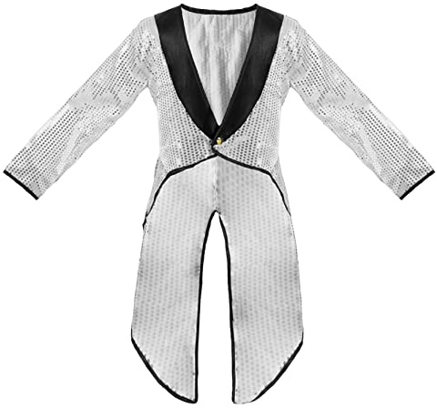 Adults Silver Sequin Tailcoat Fancy Dress - Large - Long Tailed Jacket with Silver Sequins and Black Lapels - Perfect for Charity Events, Dance Shows, Performances and Other Fancy Dress Events