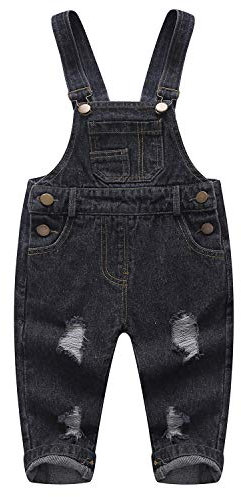 KIDSCOOL SPACE Salopette di Jeans Strappati per Bebè e Bebè in Puro Cotone Blu/Nero,Nero,12-18 Mesi