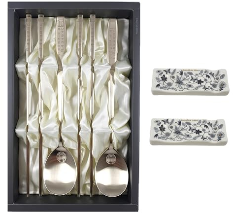Korean Chopsticks Spoon 2 Set - METAL STAINLESS STEEL Titanium Plating -Printed Hangul Characters with ceramic rest rack (Hangul_Gold2P_RestRack)