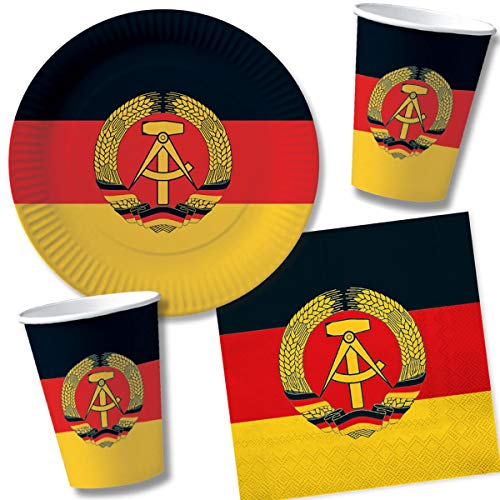 48-TLG. Party-Set * DDR * mit 10 Teller + 10 Becher + 20 Servietten + Deko für Motoparty und Geburtstag | Perfektes Mottiv für eine Nostalgie-Ostalgie-Party