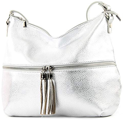 modamoda de T159 Damen Leder Umhängetasche Schultertasche Medium handmade in Italy, Farbe:Silber