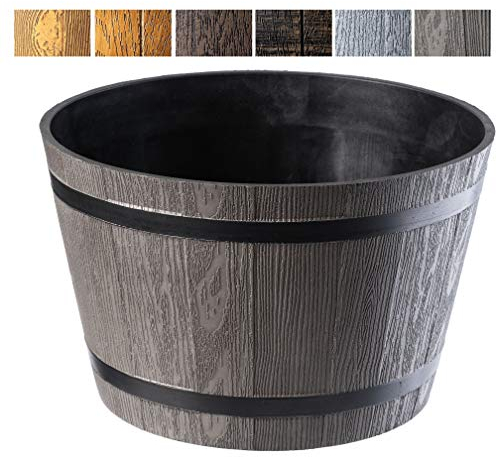 KADAX Macetero Decorativo de Plástico, Maceta Grande con Estilo Rústico de Barril de Madera para Jardín o Decoración Exterior (Gris Oscuro, 30 cm)