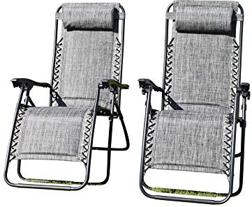 Set mit 2 gepolsterten Garten-Sonnenliegen, Relaxer, Liegestühle in grauem wetterfestem Textoline