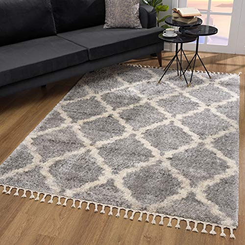 SANAT Wohnzimmer Teppich Rauten Design - Hochflor Tepiche für Wohnzimmer, Schlafzimmer, Küche - Shaggy Teppich Grau, Größe: 80x150 cm