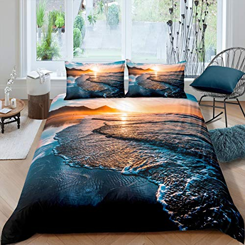 Loussiesd Strand Themen Bettwäsche Set 155x220cm für Mädchen Jungen Hawaiian Ocean Kinder Bettbezug Set Meer Sonnenuntergang Landschaft Betten Set Sommerferien Urlaub 2 STK