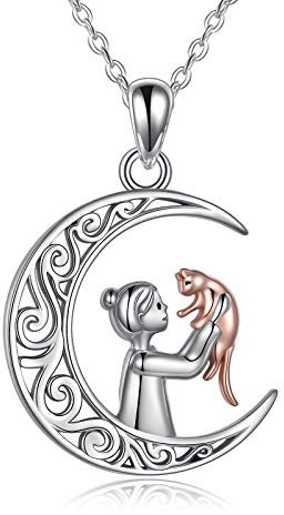 VENACOLY Katze Halskette Sterling Silber Mädchen mit Katze Anhänger Katzen Schmuck Geschenke für Katzenliebhaber Frauen Mädchen