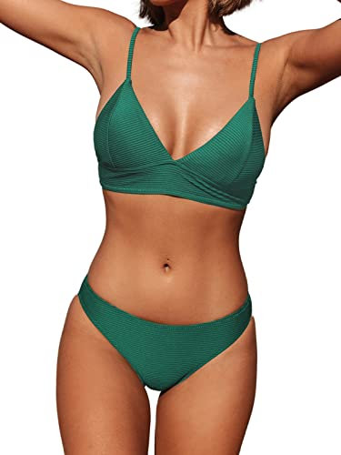 CUPSHE Damen Bikini Set Triangel Bikini Bademode Low Rise Brazilian Gerippter Zweiteiliger Badeanzug Swimsuit Grasgrün L