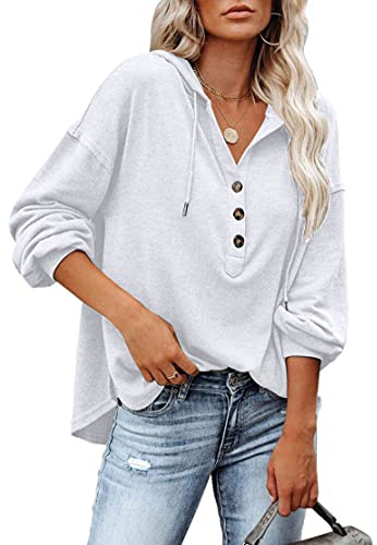 PLOKNRD Sudadera Extragrande para Mujer de Manga Larga con Botones y Capucha con Cordón