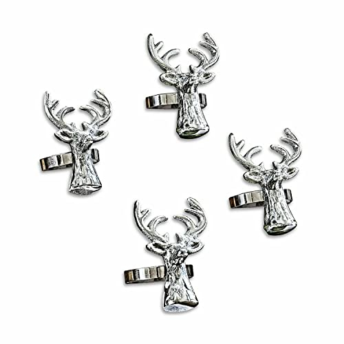 Loberon Serviettenring 6er Set Bisoro, mit Hirschköpfen, Chalet-Look, Weihnachtstischdeko, Weihnachten, Aluminiumguss, Silber