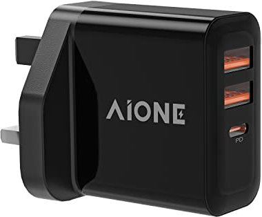 USB C Plug, Aione 30W 3-Port USB C Fast Charger Plug for iPhone 15/15 Plus/15 Pro/15 Pro Max, 14/13/12 Series, Samsung, iPad, Airpods, UK Fast Charging Plug PD Power Adaptor QC Wall Charger