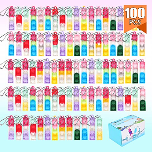 100 PCS Mini Pop Fidget It Spielzeug Schlüsselanhänger, Silikon Regenbogen Stressabbau Handspielzeug, Schreibtisch-Spielzeug Wrap Pop Stress Reliever für Kinder Erwachsene