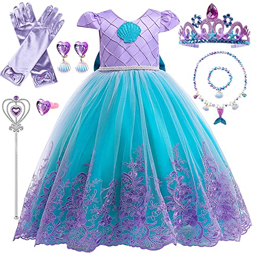Prinzessin Meerjungfrau Kostüm für Mädchen - Kleid Mit Kronen Halsketten Set - Für Weihnachten, Halloween, Karneval, Cosplay, Geburtstagsfeier - 3-10 Jahre (130cm)