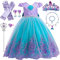 Prinzessin Meerjungfrau Kostüm für Mädchen - Kleid Mit Kronen Halsketten Set - Für Weihnachten, Halloween, Karneval, Cosplay, Geburtstagsfeier - 3-10 Jahre (130cm)