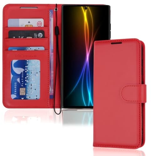 TECHGEAR Galaxy S23 Ultra Leather Wallet Case, Flip Protective Case Cover with Wallet Card Holder, Stand and Wrist Strap - Red PU Leather with Magnetic Closure Designed For Samsung S23 Ultra 5G