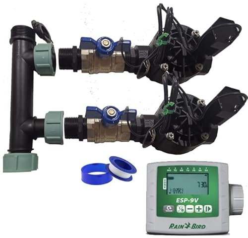 Suinga Sistema de Riego Automático para jardin de 2 zonas con Programador de Pilas y Electroválvulas Rain Bird HV 1 9v