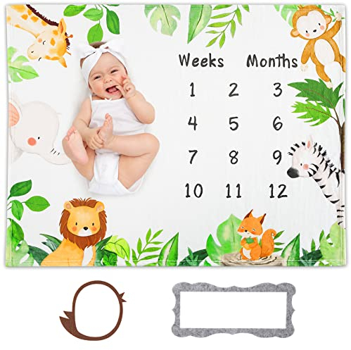 CAROMIO Babydecke Meilenstein Monatsdecke Junge Mädchen Personalisierte Geschenke Baby Decke Neugeborenen Flanell Decke Tiere Bedruckte Decke 130cm x 102cm