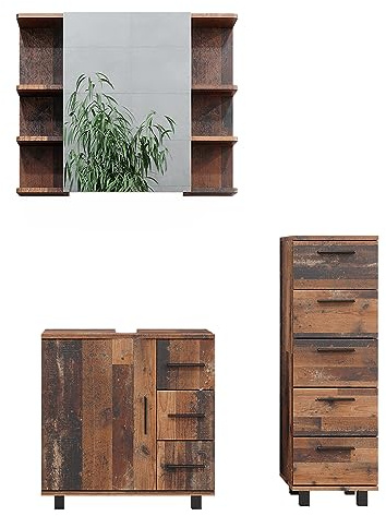 Vicco Badmöbel-Set Ilias, Eiche rustikal 60 cm | besteht aus Waschbeckenunterschrank, Spiegelschrank und Midischrank
