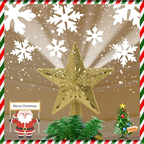 Topper de Árbol de Navidad+5 m Luces de Cinta, Decoración para Árbol de Navidad con Forma de Estrella iluminada con proyector de Copo de Nieve LED Giratorio, 3D Dorado Brillante,Estrella Hueca