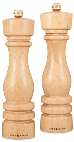 Cole & Mason H233011 London Haya Natural Molinillos de Sal y Pimienta, Precision+/Molienda Ajustable, Madera de Haya, 220mm, Caja de Regalo, Incluye 2 x Molinos, Garanzia del Meccanismo a Vita