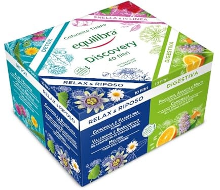 Equilibra Integratori Alimentari Tisane, Cofanetto Tisane e Infusi Discovery, 100% Ingredienti Funzionali, Selezione di 4 Diverse Tisane, Materiali 100% Riciclabili, Box Regalo, 40 Filtri