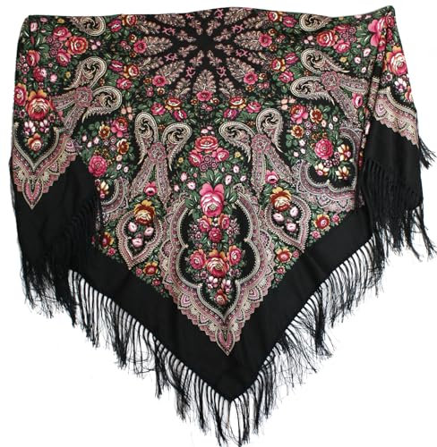 N_FROMM Schal für Frauen traditioneller russischer ukrainischer Retro-Stil bedruckt quadratisch mit Fransen floral Tuch 110cm*110cm (Schwarz)