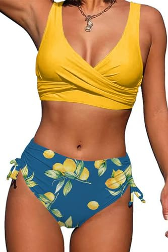 Yutdeng Costume da Bagno Donna Curvy Bikini Mare Vita Alta Due Pezzi Costumi Top Push Up Scollo a V con Incrociati sul Retro e Pantaloncini da Bagno con Coulisse Laterale a Pieghe,Giallo,XL