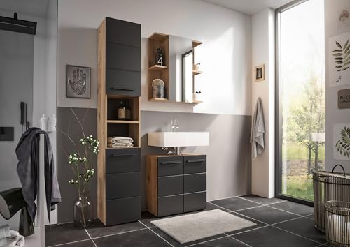 moebel-dich-auf Badezimmer Badmöbel Vail Korpus Viking Oak 3-St., Hochschrank, Spiegelschrank, Wbu, Set 2 Schwarz