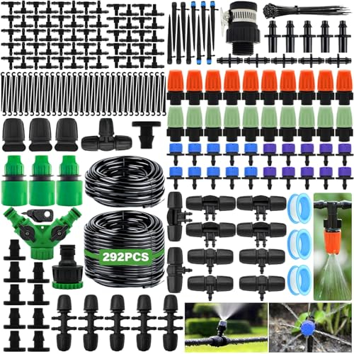 Snarflun Système d'Irrigation Jardin, 292 Pcs Kit Arrosage Goutte à Goutte, Kit Arrosage Automatique Avec 60M Tuyau, Kit Goutte a Goutte Arrosage Exterieur Pour Pelouse, Paysage,Plate-Bande,Potager