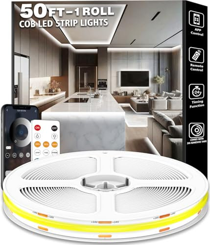 LETIANPAI White COB Light Strip 15M, Dimmable White LED Strip, Bright 6500K Daylight Color, Cuttable, Adhesive, Flexible Strip for Mirrors, Under Cabinets