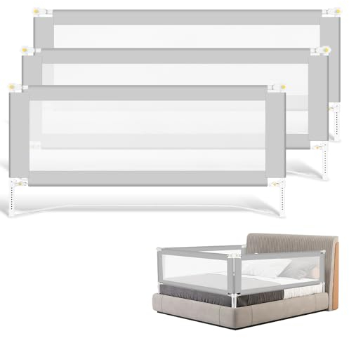 Jopassy Bettgitter 200CMx2+180CMx1 Bettschutzgitter Kinderbettgitter mit U-förmiger Basis, Rausfallschutz Bett für Kinder & Elternbetten, Hoch 68 bis 95cm, einfache Montage, Grau