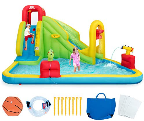 GOPLUS Château Gonflable Extérieur Enfants,Aire de Jeux Gonflable Aquatique avec Toboggan Aquatique, Canon d'eau pour Enfants 3-10 Ans (sans Souffleur)