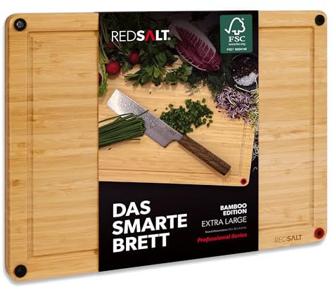 REDSALT® innovatives Bambus Holz Schneidebrett XL 50x36x2,5cm | beidseitig rutschfest antibakteriell tiefe Saftrille | Premium Holzbrett Groß für Küche Grill nachhaltig