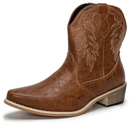 Women's Western Cowboy Boots Cowgirl Boots Classic Pointed Toe Chunky Heel Mid Calf Ankle Boots LightBrowm UK 4