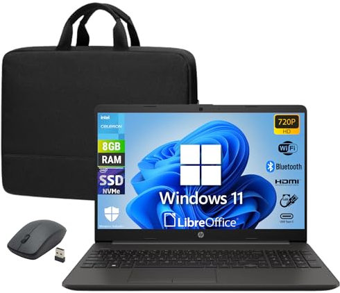 HP 250 G9, Computer portatile con Libre Office, Display 15.6 HD 1366 x 768, Intel N4500 8 GB 256 GB SSD Wi-Fi Windows 11 + Mouse e Borsa in Omaggio