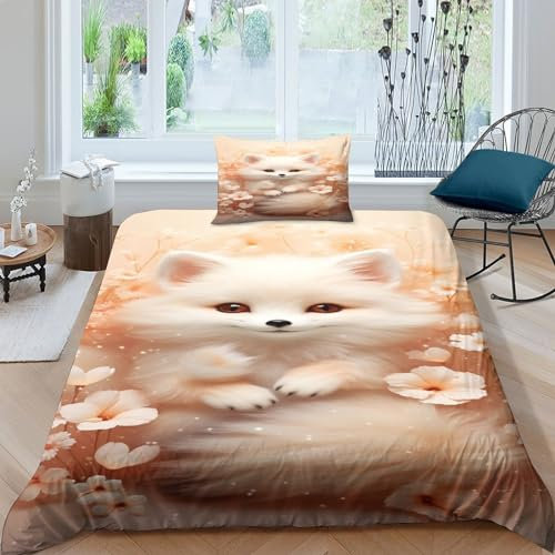 GTDKSUEVG Orange Blume Fuchs Bettbezug Set Bettwäsche Kinderbettwäsche Reißverschluss Mit Kissenbezug Betten Set Für Jungen Und Mädchen, Kinder Single（1Tier5x200cm）