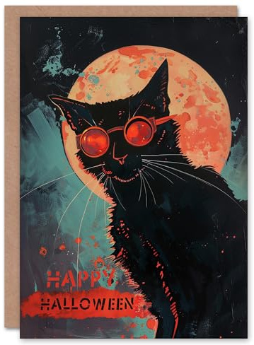Artery8 Goggles Kitty Moon Cat Lover Vintage Pulp Sci Fi Blank For Him Or Her Art Halloween Card