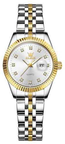 OLEVS Bicolor Uhren Damen Edelstahl Moderne Analog Klein Damenuhren mit Datum Silber Gold Metallarmband Armbanduhr Damen Wasserdicht Elegante Quarz Uhr für Frauen Weiß Zifferblatt Leuchtend Geschenke