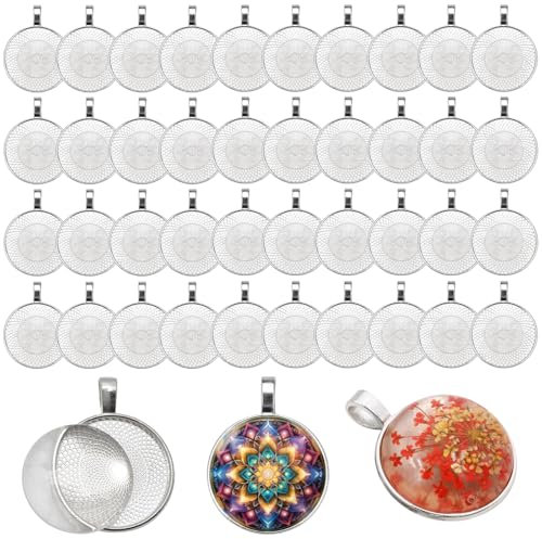 40 Stück Anhänger Tabletts Set, Lünette Anhänger Tabletts, Cabochon Set Rund Anhänger 25mm, Runder Anhängersockel Silberfarben Flacher Pendant Trays Kit, für DIY Handwerk Foto Schmuck