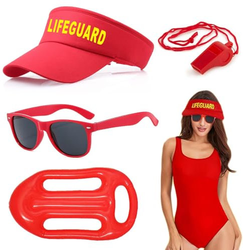CHAOTEMAI 4 Stück Faschingskostüme Männer Lifeguard Fasching Kostüm Herren Damen Rettungsring Aufblasbar Lifeguard Visor Cap Sonnenbrille Sportpfeifen Boje Rettungsring Bademeister Kostüm